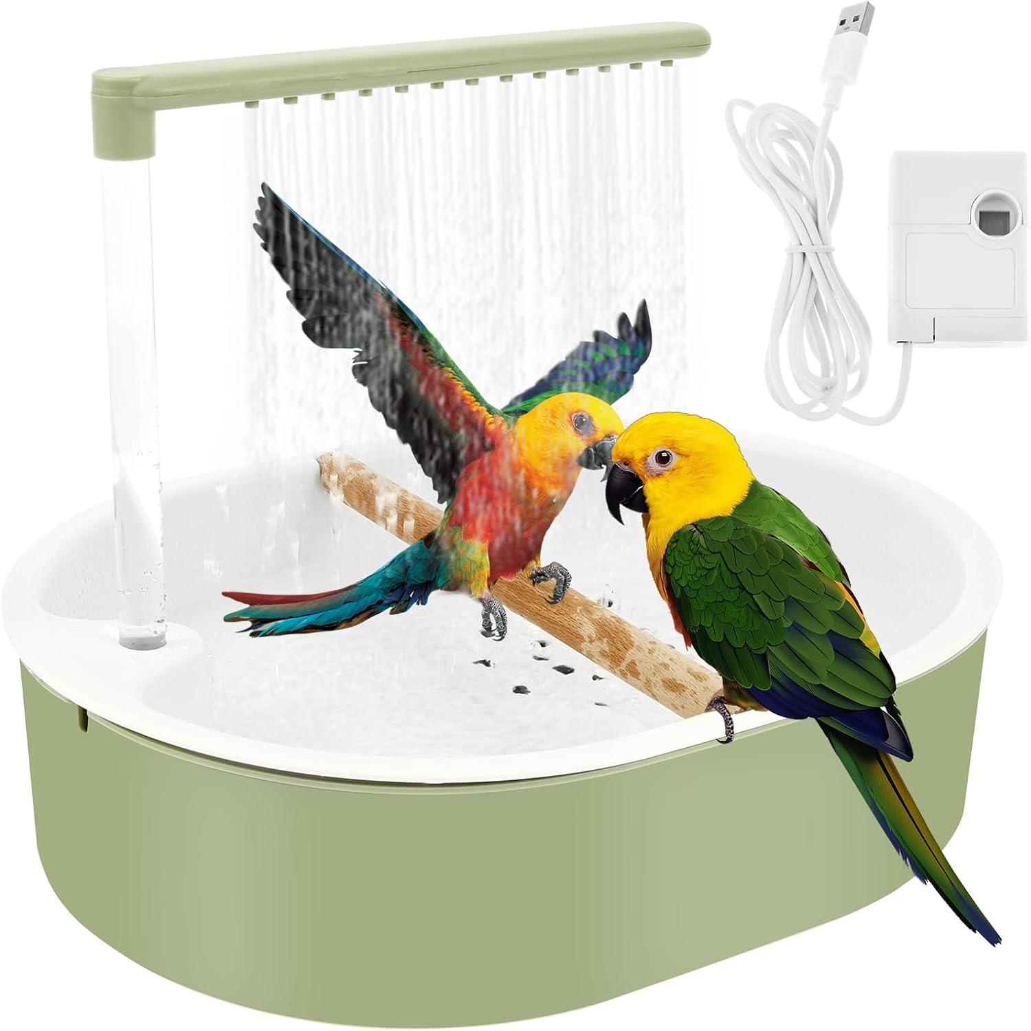 Pet product with two parrots on a branch, USB cable, and power adapter at Pet Servo