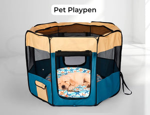 A foldable octagonal pet playpen tent with a tan and teal design, shown with a small sleeping puppy inside. The text 'Pet Playpen' is displayed at the top of the image at Pet Servo