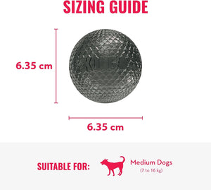 A sizing guide graphic for a KONG dog toy ball, showing a dark gray textured rubber ball with dimensions of 6.35 cm in height and width at Pet Servo