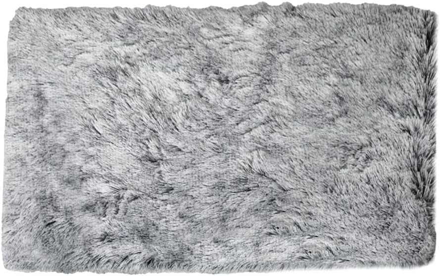 A rectangular shaggy faux fur rug in a light gray color, shown from a top-down view against a white background at Pet Servo