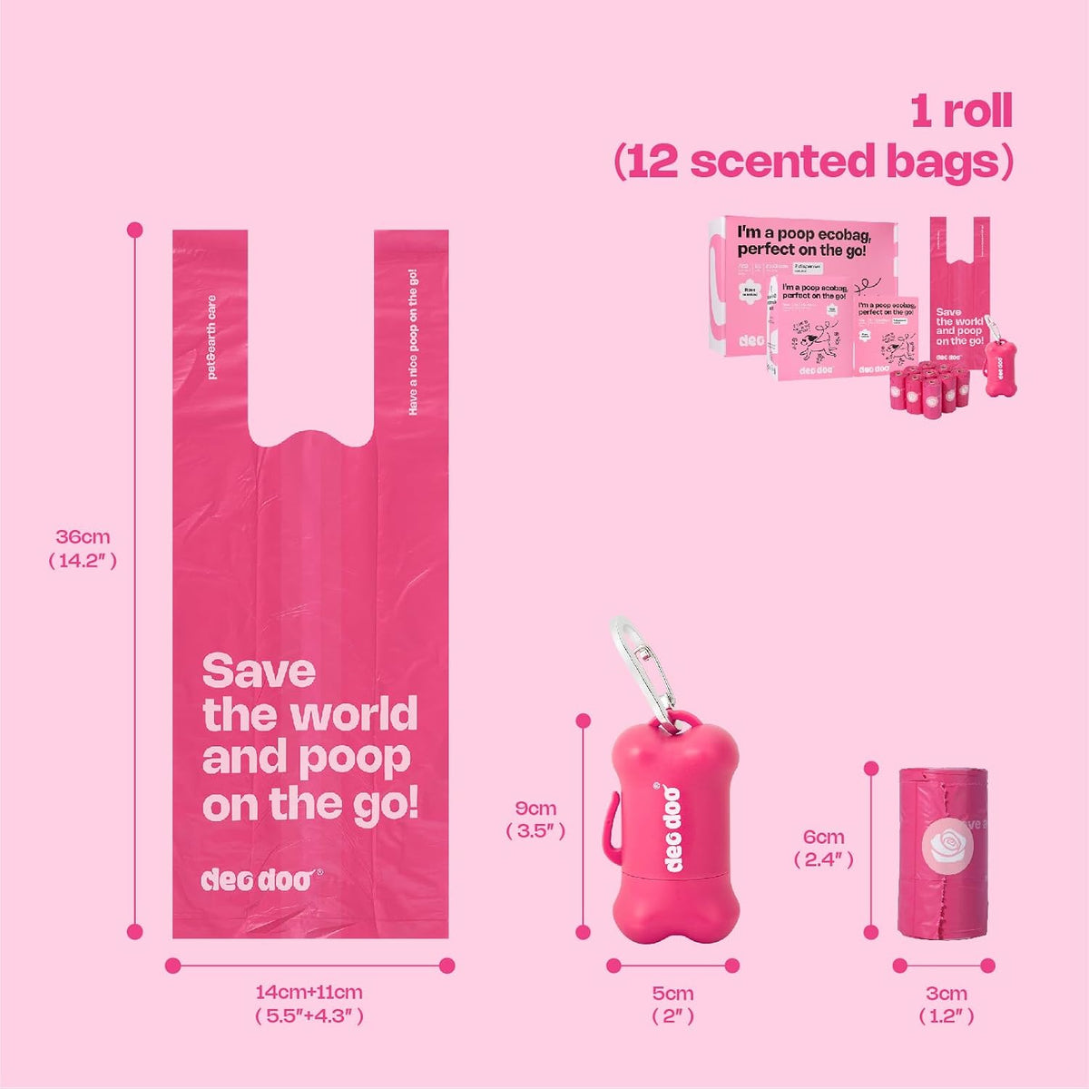 Pink eco-friendly poop bag packaging with dimensions and product details on a pink background at Pet Servo