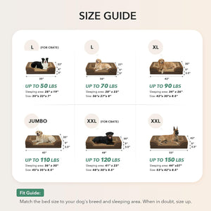 Size guide for dog beds with measurements and weight capacity on a beige background at Pet Servo