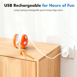 USB rechargeable toy for dogs plugged into an outlet with text about long-lasting power at Pet Servo