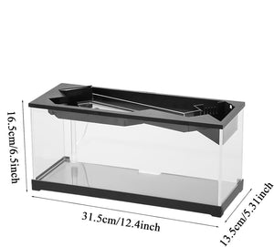 Black and clear rectangular display case with dimensions indicated on a white background at Pet Servo