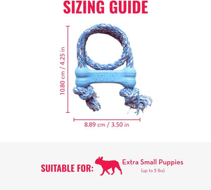 Dog toy sizing guide with dimensions and suitability for extra small puppies at Pet Servo