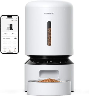 White Petlibro pet feeder with smartphone app on a white background