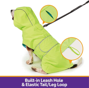 Dog wearing a green raincoat with built-in leash hole and elastic tail/leg loop on a white background at Pet Servo