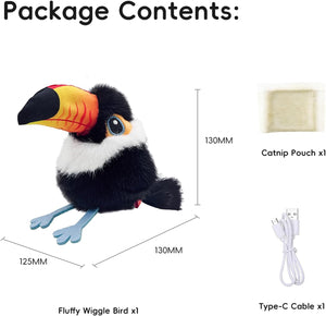 Fluffy wiggle bird toy with catnip pouch, USB cable, and dimensions on a white background at Pet Servo