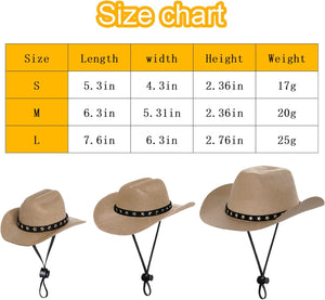 A size chart graphic showing a size table for S, M, and L cowboy hats with measurements and weights, plus three tan cowboy hats below the table to illustrate the sizes at Pet Servo