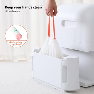 A white plastic trash bag dispenser with a hand lifting a white plastic garbage bag by orange handles. The image includes text overlays reading 'Keep your hands clean Lift and empty' and a circular inset showing an optional roll of white and pink garbage bags at Pet Servo