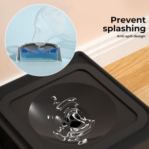 Black kitchen sink drains with anti-splash design, shown with a circular inset demonstrating water diversion and text reading 'Prevent splashing Anti-splash design' on a beige wall and wood countertop background at Pet Servo