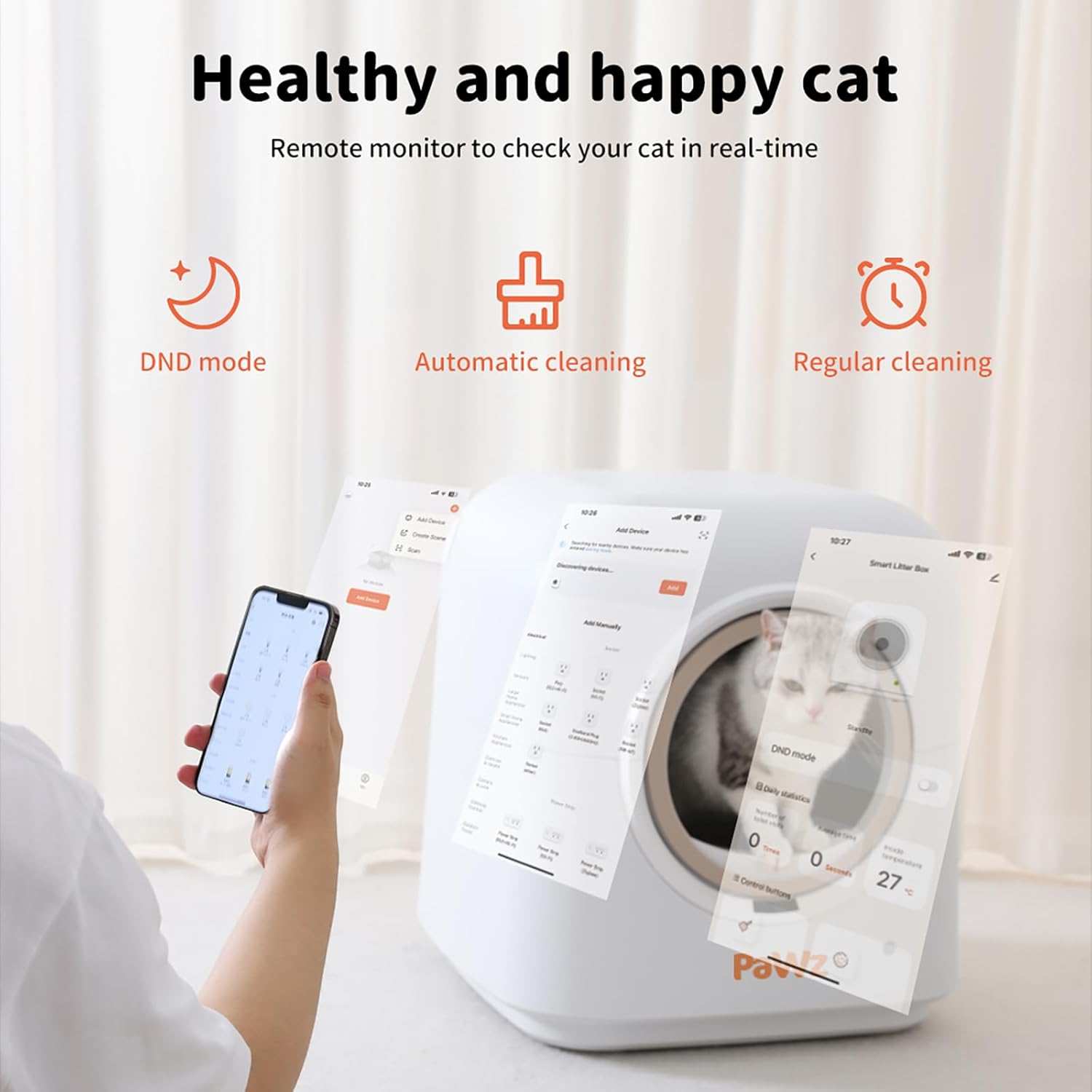 Remote monitor for a cat with smartphone app interface, showing 'Healthy and happy cat' text at Pet Servo