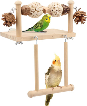 Two birds on a wooden bird perch with pinecones and wooden beads at Pet Servo