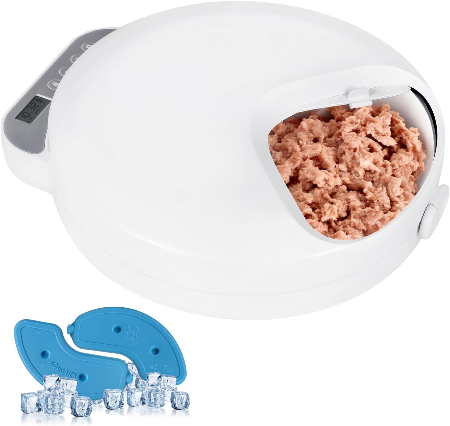White meat grinder with ground meat output, blue plastic blade, and ice cubes on a white background at Pet Servo
