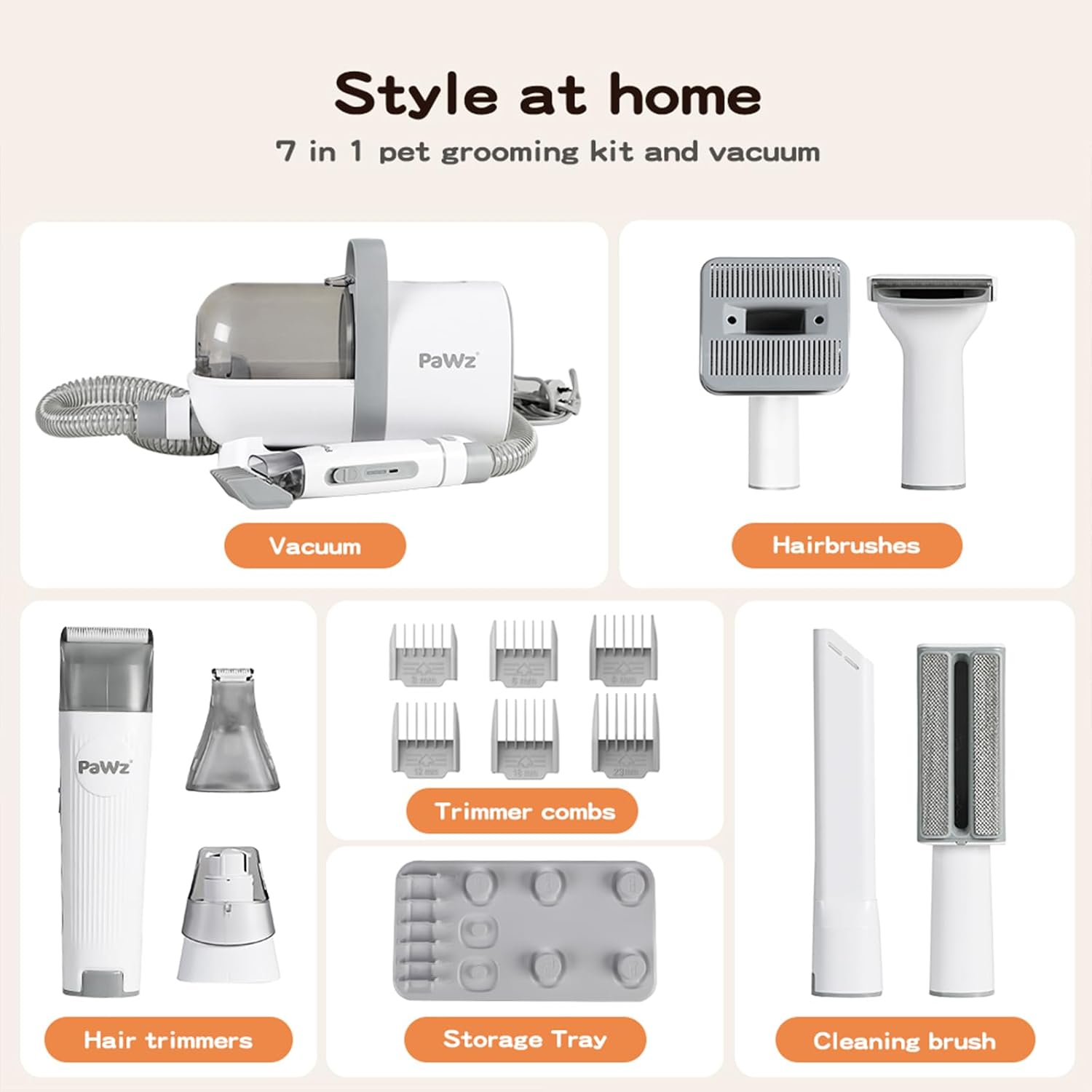 A 7-in-1 pet grooming kit and vacuum shown in a collage layout with labeled components: vacuum, hairbrushes, hair trimmers, storage tray, and cleaning brush. The image includes the text 'Style at home' and '7 in 1 pet grooming kit and vacuum' on a light beige background at Pet Servo
