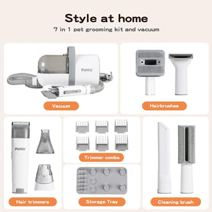A 7-in-1 pet grooming kit and vacuum shown in a collage layout with labeled components: vacuum, hairbrushes, hair trimmers, storage tray, and cleaning brush. The image includes the text 'Style at home' and '7 in 1 pet grooming kit and vacuum' on a light beige background at Pet Servo