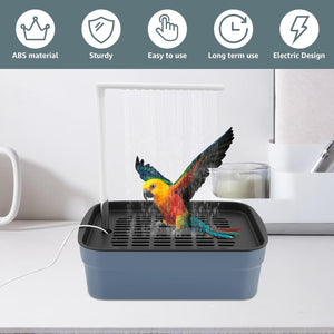 Parrot using a blue water bath with features listed above on a white background at Pet Servo