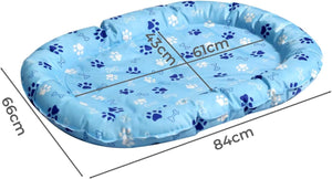 Blue pet bed with paw prints and measurements on a white background at Pet Servo