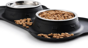 Pet feeding station with two bowls and a tray filled with kibble on a white background at Pet Servo