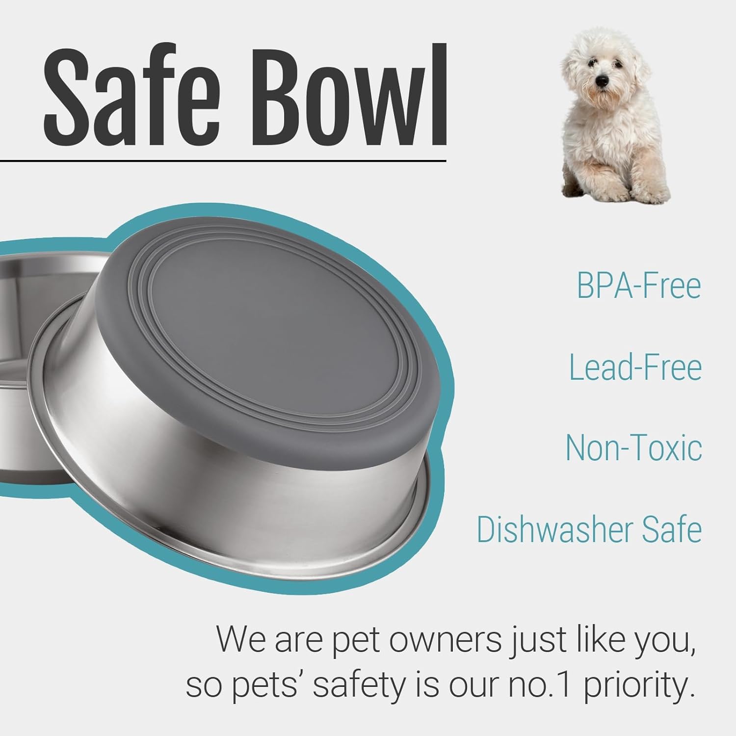 Pet bowl with lid, featuring a dog, and text highlighting safety features on a white background at Pet Servo