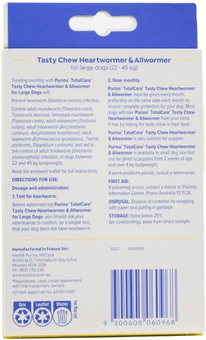 Back label of a Tasty Chew Heartworm & Allwormer for large dogs on a white background at Pet Servo