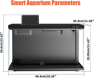 Smart aquarium with dimensions labeled on a white background at Pet Servo