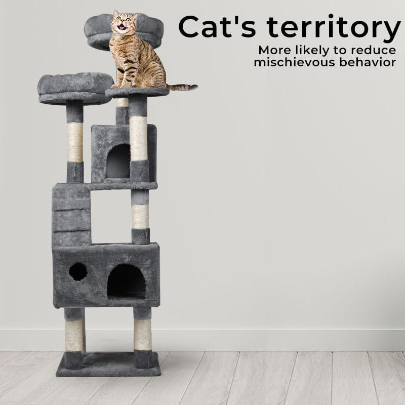 A tall gray cat tree with multiple platforms, a top perch, and sisal-wrapped scratching posts, shown in a styled room setting with a tabby cat sitting on the highest platform. Text on the right reads 'Cat's territory More likely to reduce mischievous behavior' at Pet Servo