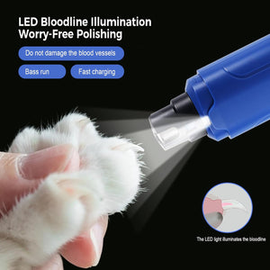Blue LED tool being used on a white paw with text about bloodline illumination and polishing at Pet Servo
