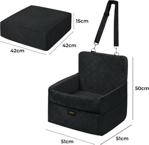 Black pet seat with dimensions and strap details on a white background at Pet Servo