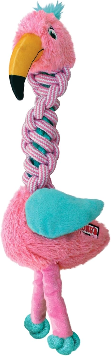 Pink flamingo-shaped dog toy with a rope on a white background at Pet Servo