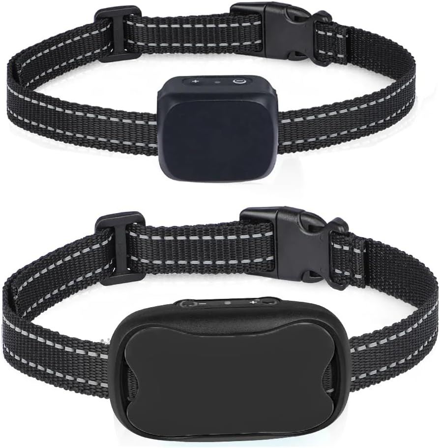 Two black dog collars with electronic devices on a white background at Pet Servo