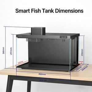Smart fish tank dimensions displayed on a white background at Pet Servo