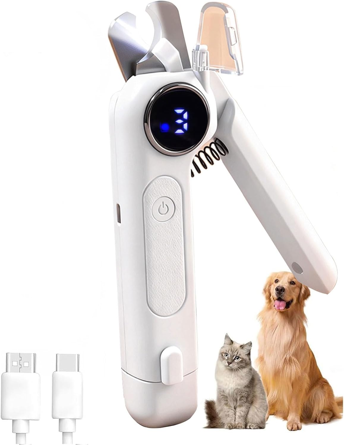 Pet grooming tool with digital display, USB cable, and two pets on a white background at Pet Servo