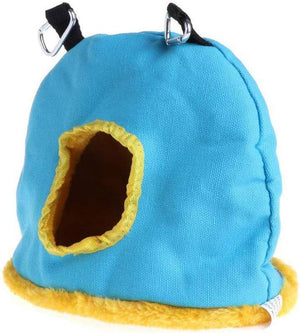 Blue pet carrier with yellow trim on a white background at Pet Servo