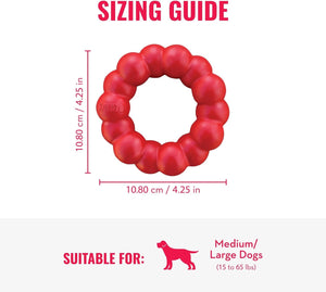 Red dog toy with dimensions and suitability for medium to large dogs on a white background at Pet Servo