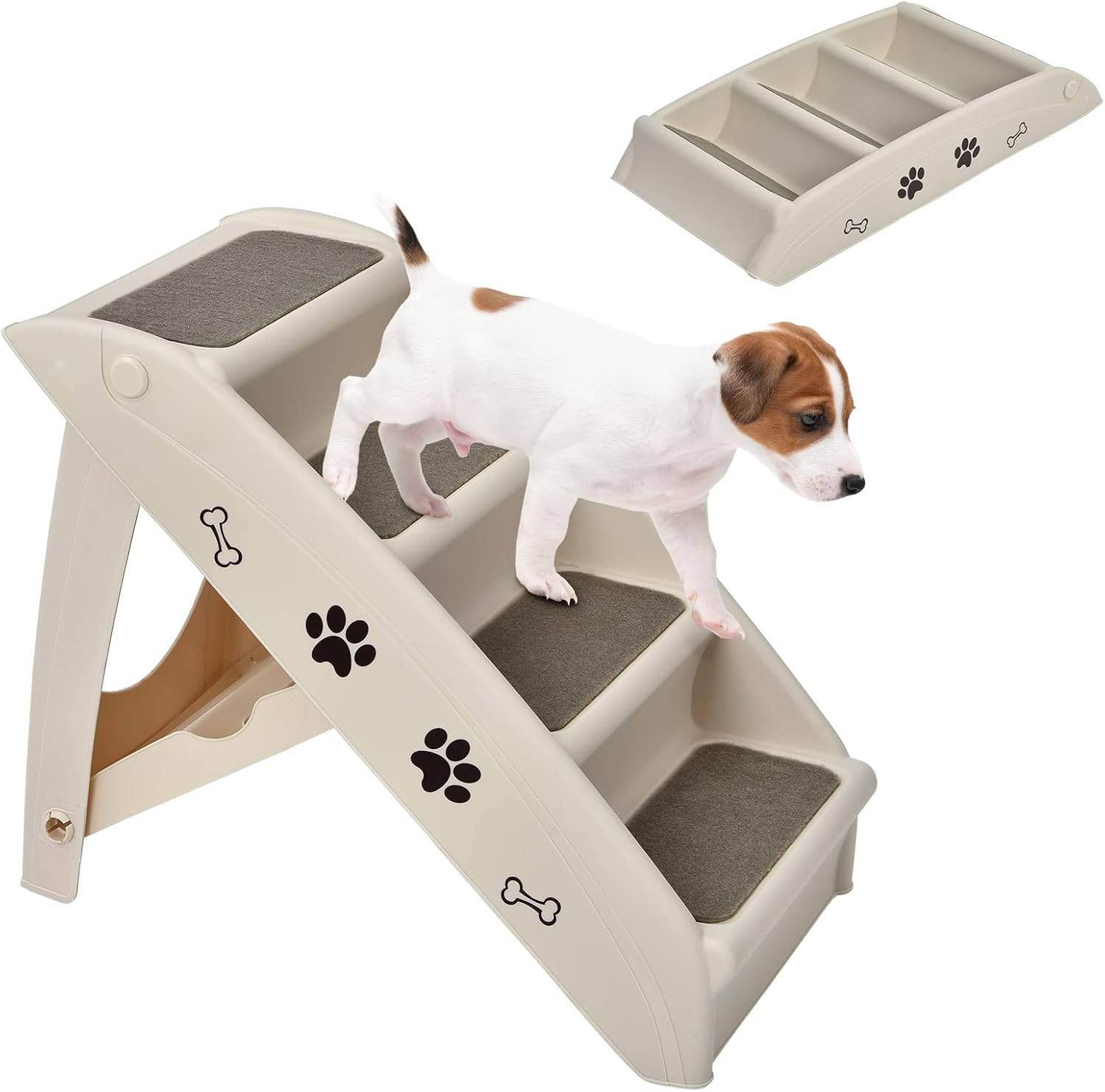 Costway - 4-Step Dog Ramp Steps Foldable Pet Steps Stairs Portable Climbing Ladder - Beige
