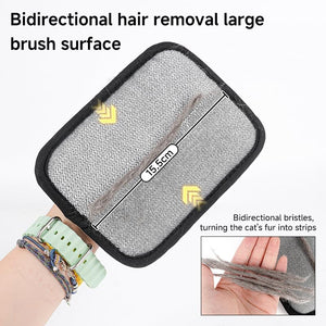 Pet grooming brush with bidirectional bristles and hair removal feature, shown on a wrist at Pet Servo