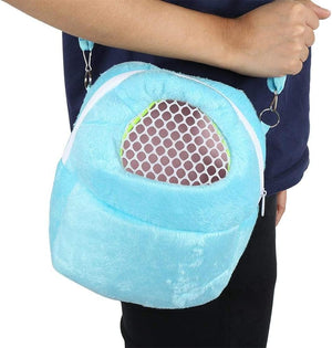 Light blue pet carrier with a mesh front held by a person against a white background at Pet Servo