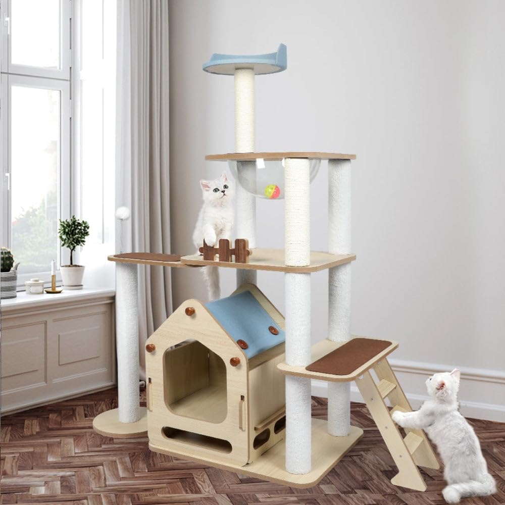 Cat tree with multiple levels and a cat sitting on one of the platforms at Pet Servo