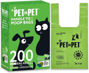 Green box of Pet N Pet handle tie poop bags with a black cat and dog Sillustration at Pet Servo