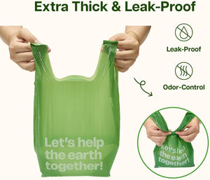 A green reusable plastic bag being held up by two hands on a light beige background, with marketing text reading 'Extra Thick & Leak-Proof' and icons for Leak-Proof and Odor-Control. A circular inset at bottom right shows the bag tied and printed with 'Let's help the earth together!' at Pet Servo