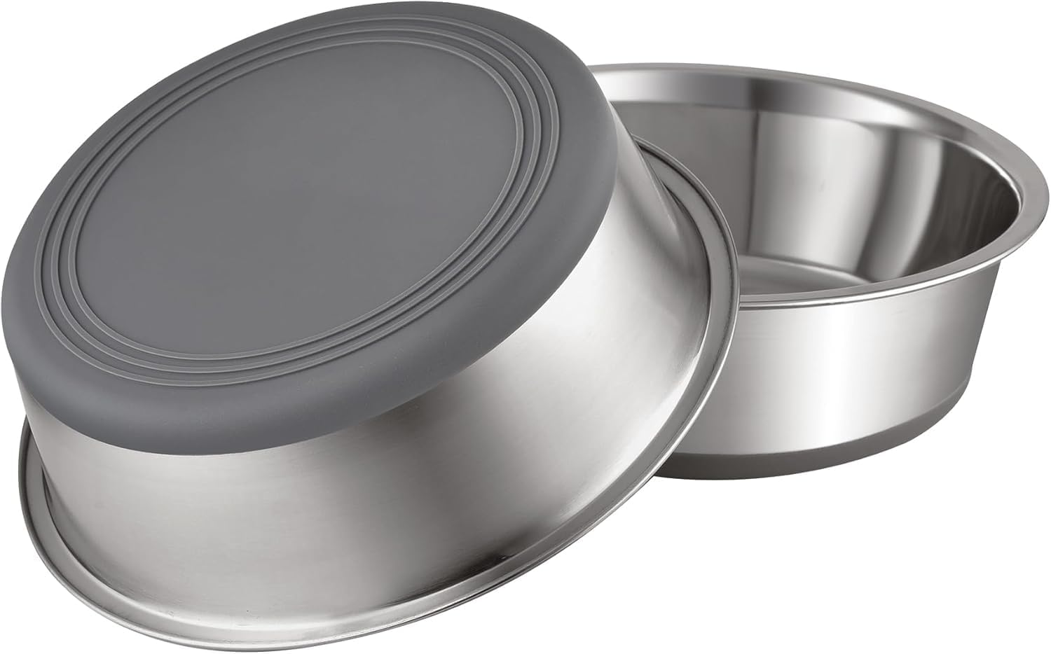 Stainless steel food container with gray lid on a white background at Pet Servo