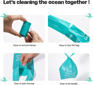 Teal ocean cleanup product with instructions on how to use it, including removing a sticker, tearing a bag, opening a bag, and tying a handle at Pet Servo
