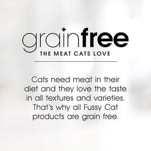 Advertisement for Fussy Cat products highlighting grain-free diet for cats.