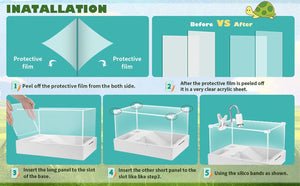 Step-by-step installation guide for a clear acrylic sheet with protective film removal and assembly at Pet Servo