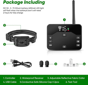 Dog training device package with controller, receiver, collar, USB cable, and safety caps on a white background at Pet Servo