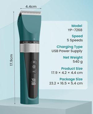 Hair trimmer with specifications on a light blue background at Pet Servo