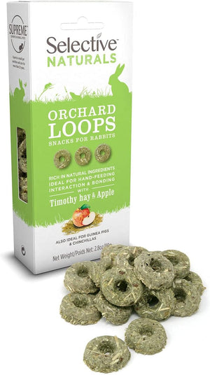 Box of Selective Naturals Orchard Loops snacks for rabbits with loose snacks in front at Pet Servo