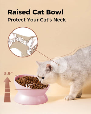 Cat eating from a raised cat bowl with text explaining its benefits at Pet Servo