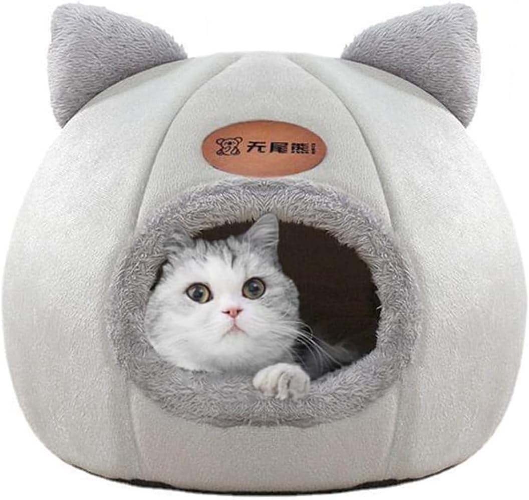 Cat Bed Cave With Dome Shape - Soft Plush Premium Cotton Cave - Grey(L)